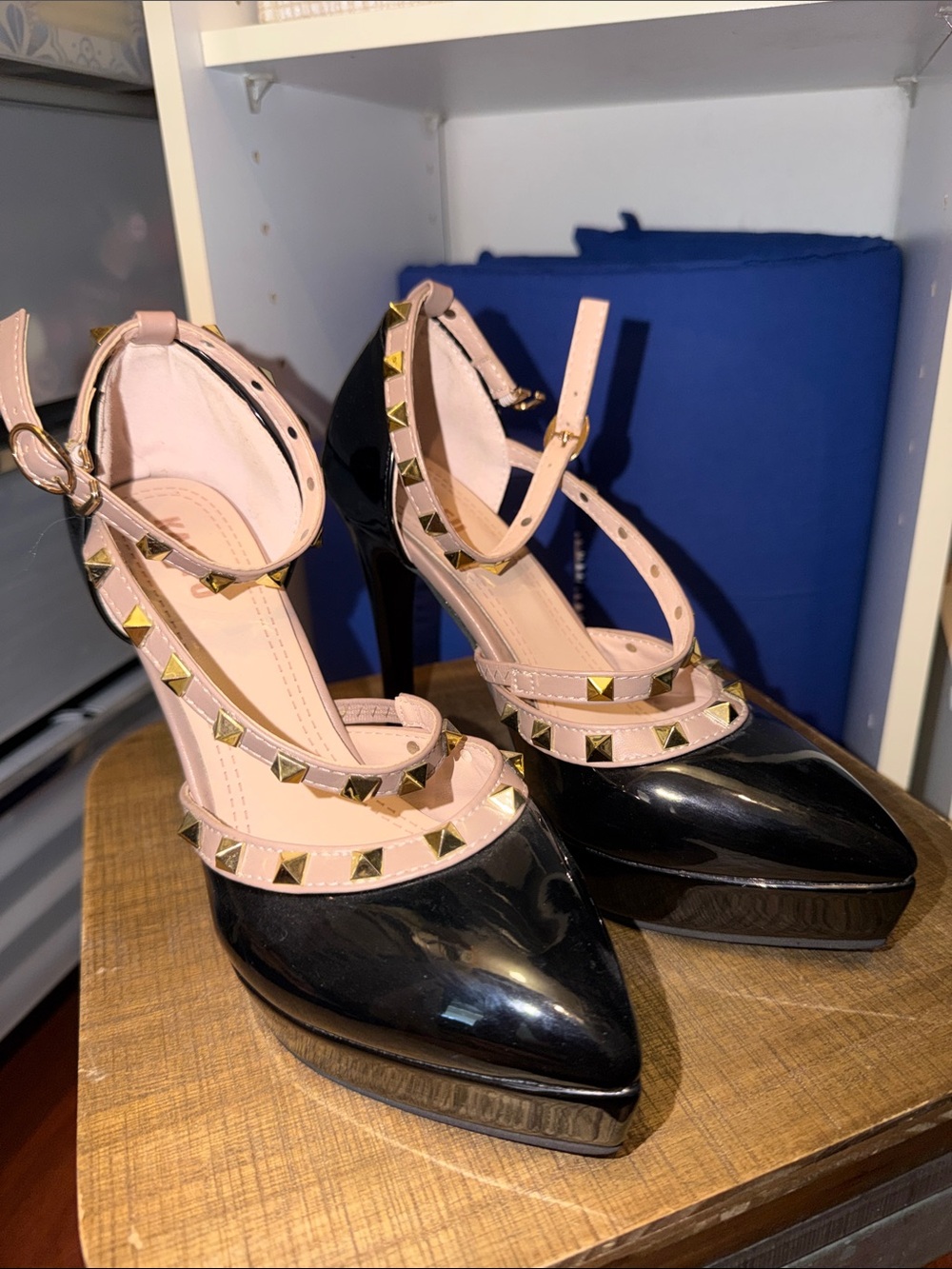 Black Patent Pointed Toe Studded Ankle-Strap Heels - Nude Trim